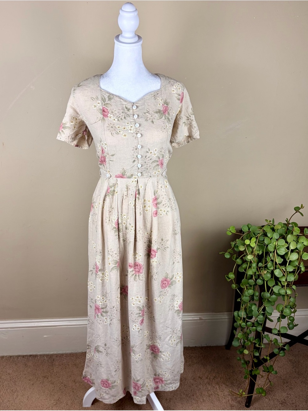 Vintage 90s Cottagecore Erika Collection Linen Size S Floral Dress Prairie vibe